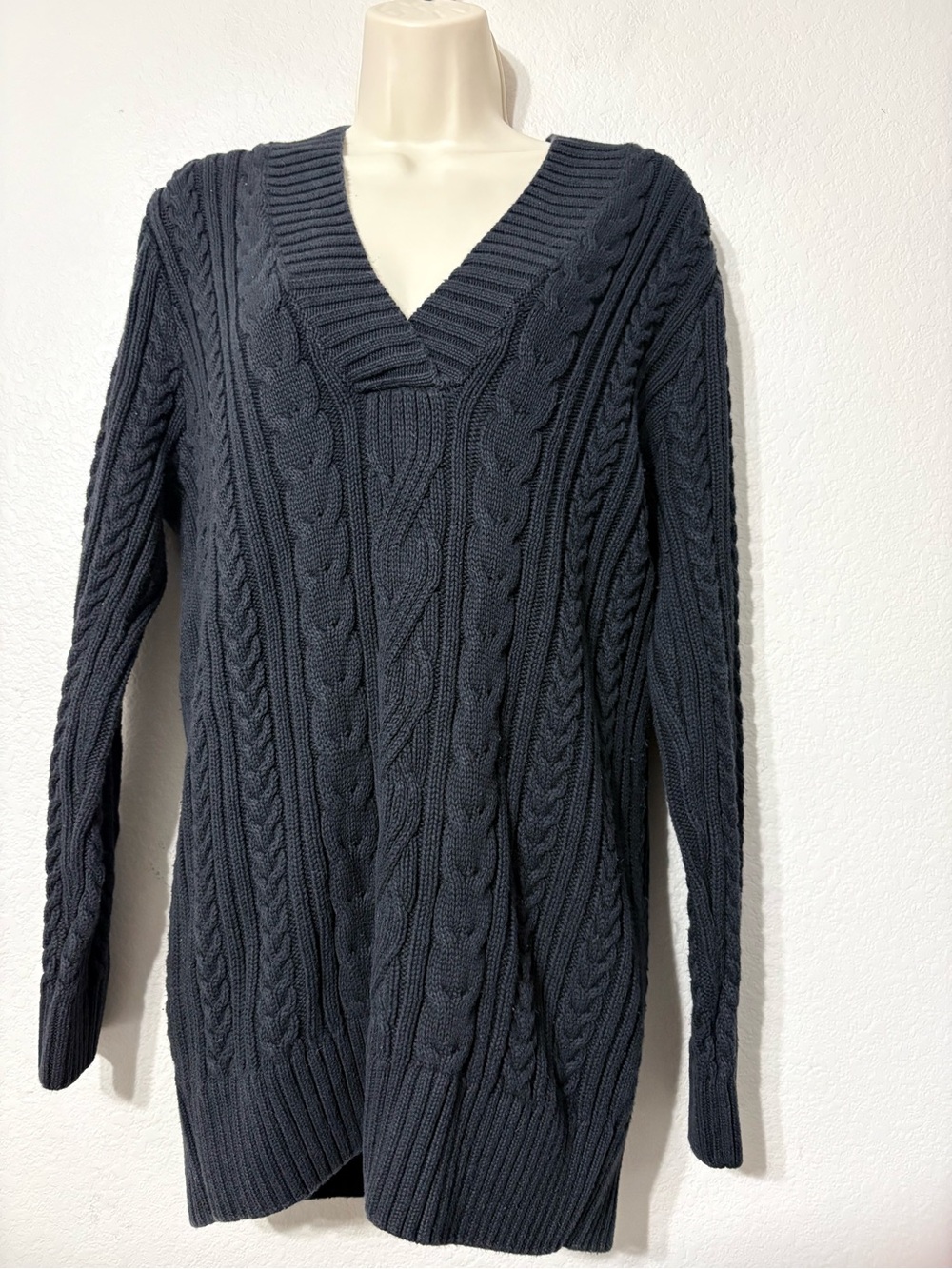 Vintage JEANNE PIERRE 100% Cotton Black Knit Classic Cable Sweater V Neck XL